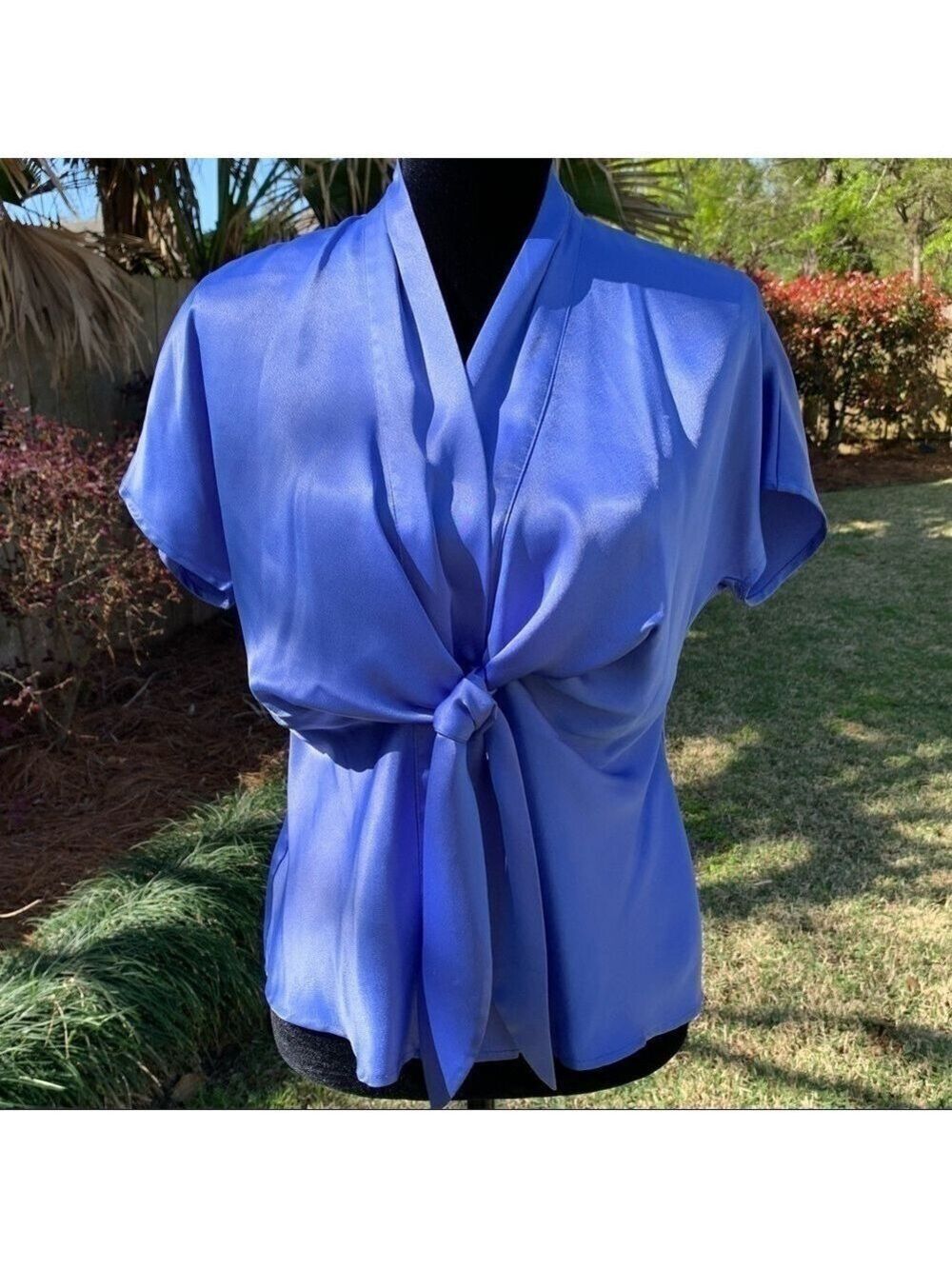 KASPER periwinkle blue silky tie front blouse spring summer V-neck size 6P